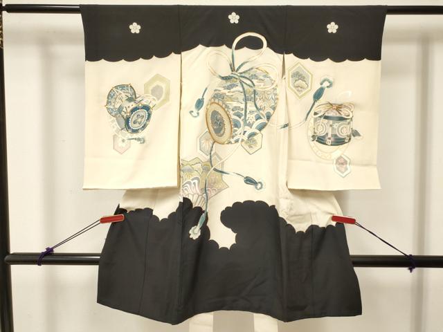 平和屋着物[]お宮参り　男の子　祝着　産着　初着　のしめ　駒刺繍　鼓扇面立波松文　金彩　逸品　DABC5380ma