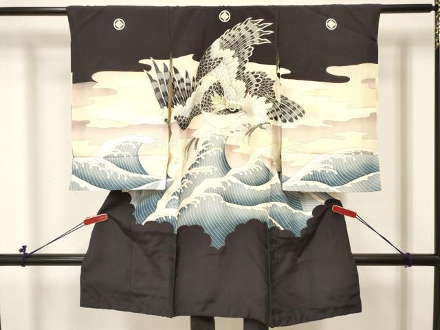 平和屋着物[]お宮参り　男の子　祝着　産着　初着　のしめ　駒刺繍　鷹　鷲　立波文　銀彩　逸品　DABC5381ma