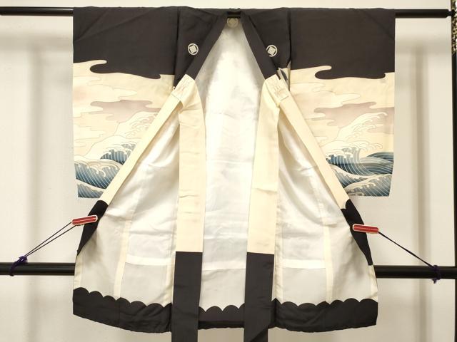 平和屋着物[]お宮参り　男の子　祝着　産着　初着　のしめ　駒刺繍　鷹　鷲　立波文　銀彩　逸品　DABC5381ma