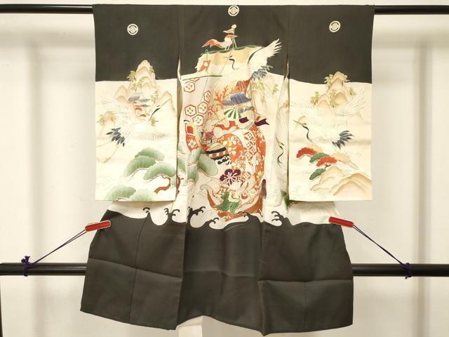 平和屋着物[]お宮参り　男の子　祝着　産着　初着　のしめ　駒刺繍　宝船　飛鶴風景松文　金彩　逸品　DABC5383ma