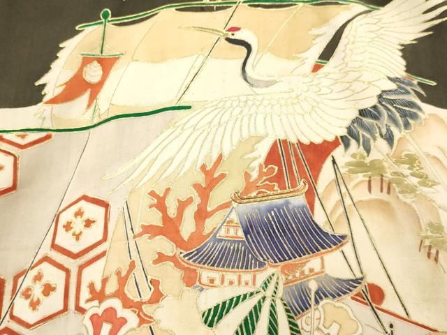 平和屋着物[]お宮参り　男の子　祝着　産着　初着　のしめ　駒刺繍　宝船　飛鶴風景松文　金彩　逸品　DABC5383ma