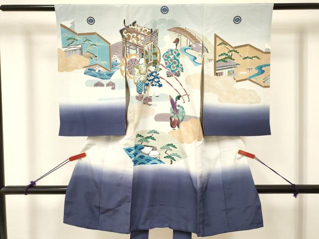 平和屋着物[]お宮参り　男の子　祝着　産着　初着　のしめ　手描き　地紙人物御所車松文　暈し染め　金彩　逸品　DABC5385ma