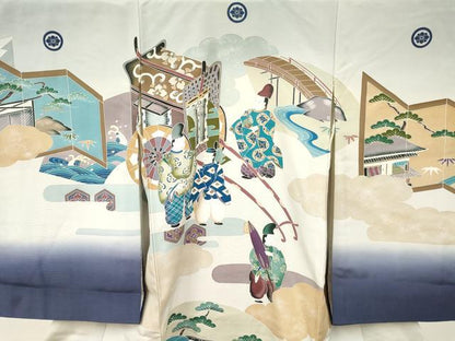 平和屋着物[]お宮参り　男の子　祝着　産着　初着　のしめ　手描き　地紙人物御所車松文　暈し染め　金彩　逸品　DABC5385ma
