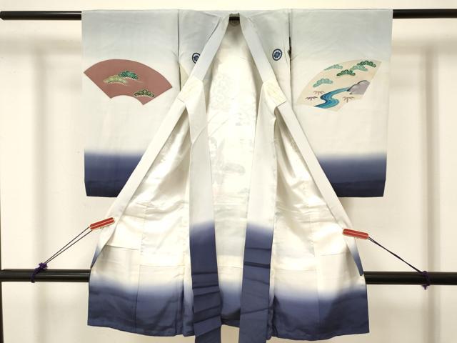 平和屋着物[]お宮参り　男の子　祝着　産着　初着　のしめ　手描き　地紙人物御所車松文　暈し染め　金彩　逸品　DABC5385ma