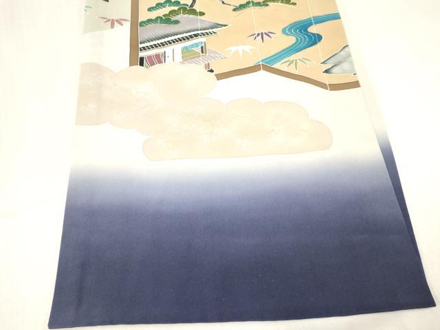 平和屋着物[]お宮参り　男の子　祝着　産着　初着　のしめ　手描き　地紙人物御所車松文　暈し染め　金彩　逸品　DABC5385ma