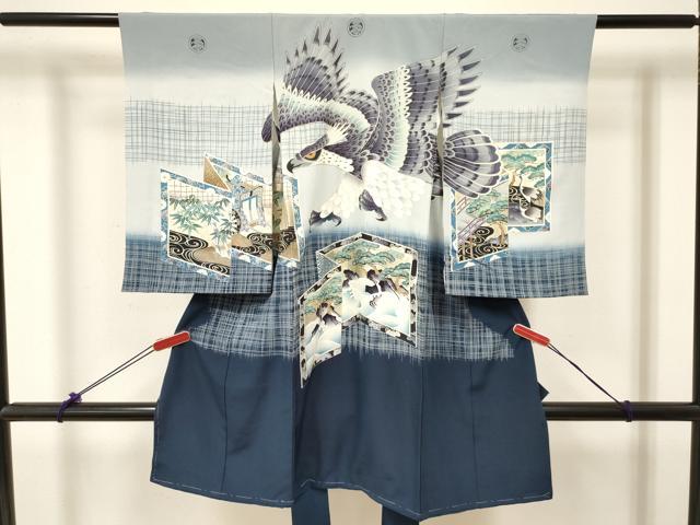 平和屋着物[]お宮参り　男の子　祝着　産着　初着　のしめ　駒刺繍　鷹　鷲　屏風笹竹松文　暈し染め　金銀彩　逸品　DABC5386ma