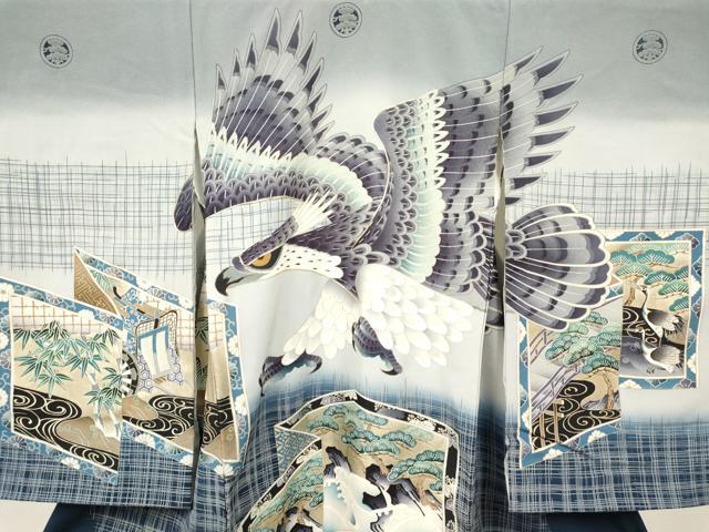 平和屋着物[]お宮参り　男の子　祝着　産着　初着　のしめ　駒刺繍　鷹　鷲　屏風笹竹松文　暈し染め　金銀彩　逸品　DABC5386ma