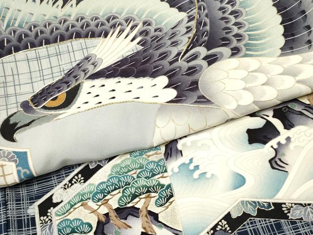 平和屋着物[]お宮参り 男の子 祝着 産着 初着 のしめ 駒刺繍 鷹 鷲 屏風笹竹松文 暈し染め 金銀彩 逸品 DABC5386ma