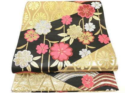平和屋着物[]女の子　子供　全通柄袋帯　立波花文　黒地　金銀糸　逸品　DABC5402ma