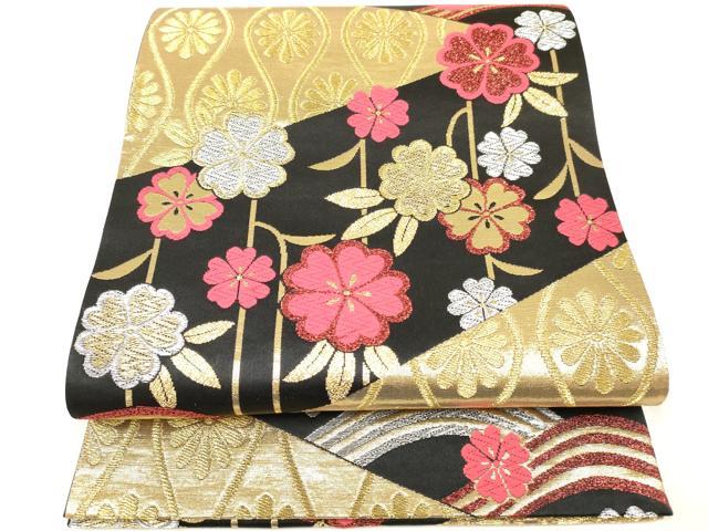平和屋着物[]女の子　子供　全通柄袋帯　立波花文　黒地　金銀糸　逸品　DABC5402ma