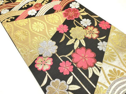 平和屋着物[]女の子　子供　全通柄袋帯　立波花文　黒地　金銀糸　逸品　DABC5402ma