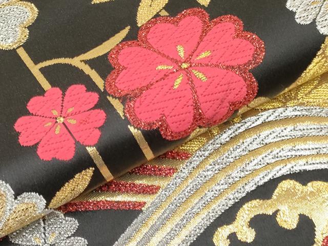 平和屋着物[]女の子　子供　全通柄袋帯　立波花文　黒地　金銀糸　逸品　DABC5402ma