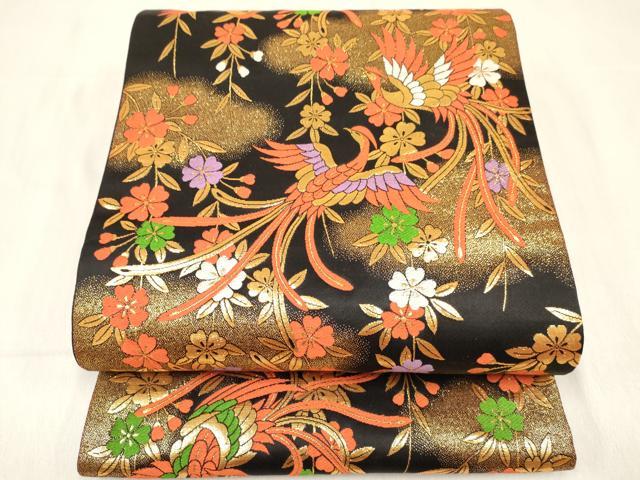平和屋着物[]女の子 子供 全通柄袋帯 鳳凰花文 黒地 金糸 逸品 DABC5403ma