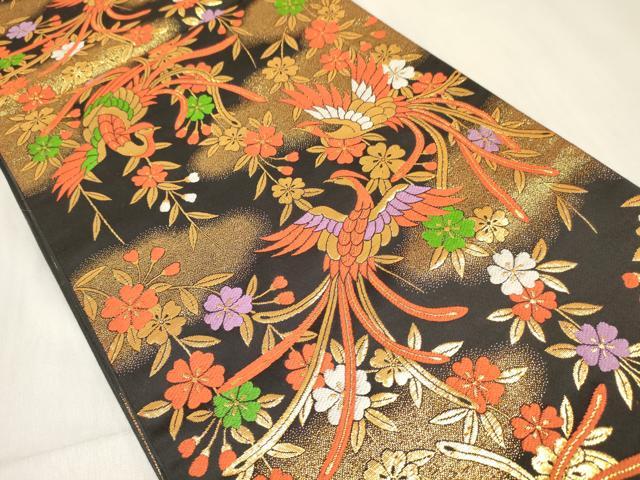 平和屋着物[]女の子　子供　全通柄袋帯　鳳凰花文　黒地　金糸　逸品　DABC5403ma