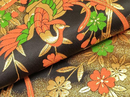 平和屋着物[]女の子　子供　全通柄袋帯　鳳凰花文　黒地　金糸　逸品　DABC5403ma