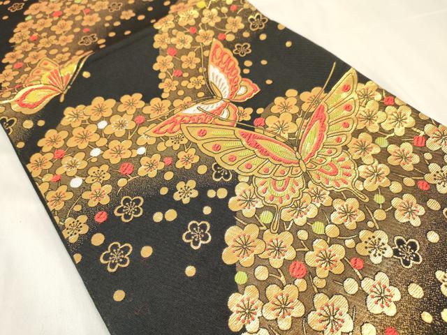 平和屋着物[]女の子　子供　全通柄袋帯　舞蝶枝梅文　黒地　金糸　逸品　DABC5406ma