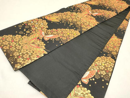 平和屋着物[]女の子　子供　全通柄袋帯　舞蝶枝梅文　黒地　金糸　逸品　DABC5406ma