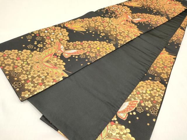 平和屋着物[]女の子　子供　全通柄袋帯　舞蝶枝梅文　黒地　金糸　逸品　DABC5406ma