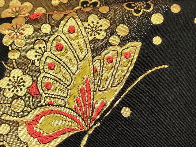 平和屋着物[]女の子　子供　全通柄袋帯　舞蝶枝梅文　黒地　金糸　逸品　DABC5406ma