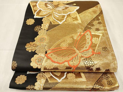 平和屋着物[]女の子 子供 全通柄袋帯 地紙花蝶文 黒地 金糸 逸品 DABC5407ma