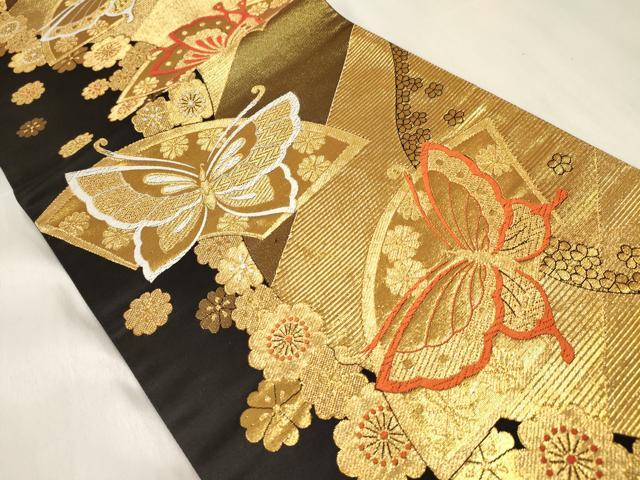 平和屋着物[]女の子　子供　全通柄袋帯　地紙花蝶文　黒地　金糸　逸品　DABC5407ma