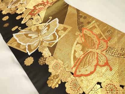 平和屋着物[]女の子 子供 全通柄袋帯 地紙花蝶文 黒地 金糸 逸品 DABC5407ma