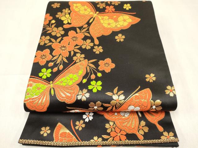 平和屋着物[]女の子 子供 全通柄袋帯 花蝶文 黒地 金糸 逸品 DABC5410ma