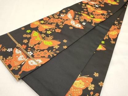 平和屋着物[]女の子　子供　全通柄袋帯　花蝶文　黒地　金糸　逸品　DABC5410ma