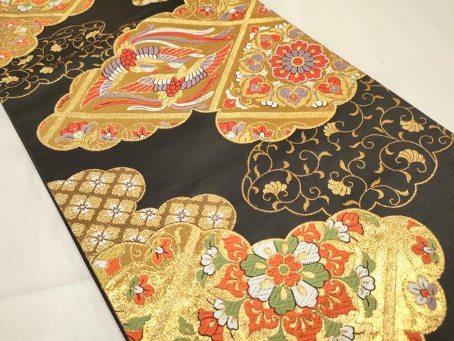 平和屋着物[]女の子　子供　全通柄袋帯　唐織　雲取り双鶴花文　黒地　金糸　逸品　DABC5411ma