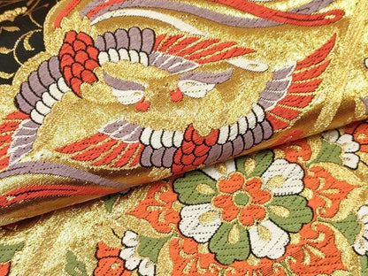 平和屋着物[]女の子　子供　全通柄袋帯　唐織　雲取り双鶴花文　黒地　金糸　逸品　DABC5411ma
