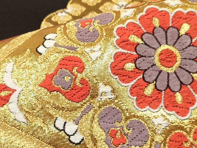 平和屋着物[]女の子　子供　全通柄袋帯　唐織　雲取り双鶴花文　黒地　金糸　逸品　DABC5411ma