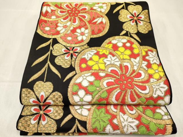 平和屋着物[]女の子　子供　全通柄袋帯　草花文　黒地　金糸　逸品　DABC5412ma
