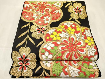 平和屋着物[]女の子 子供 全通柄袋帯 草花文 黒地 金糸 逸品 DABC5412ma