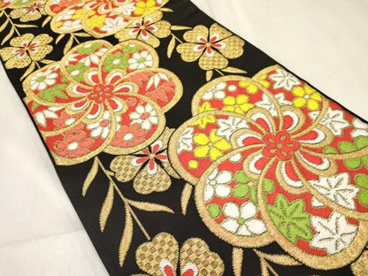 平和屋着物[]女の子　子供　全通柄袋帯　草花文　黒地　金糸　逸品　DABC5412ma