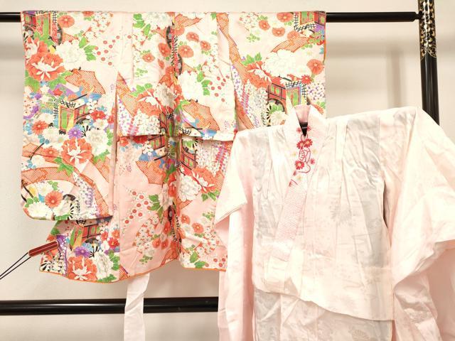 平和屋着物[]七五三 女の子 ３歳 祝着 三つ身 刺繍 絞り 花車文 平和屋着物[]七五三　女の子　３歳　祝着　三つ身　花籠文　暈し染め　金銀彩　逸品　DABA3697ma