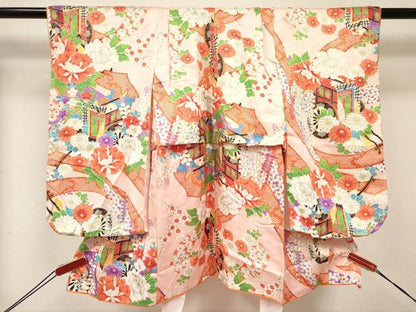 平和屋着物[]七五三 女の子 ３歳 祝着 三つ身 長襦袢(無双仕立て・半衿刺繍)セット 御所車花文 金彩 逸品 DABC5416ma