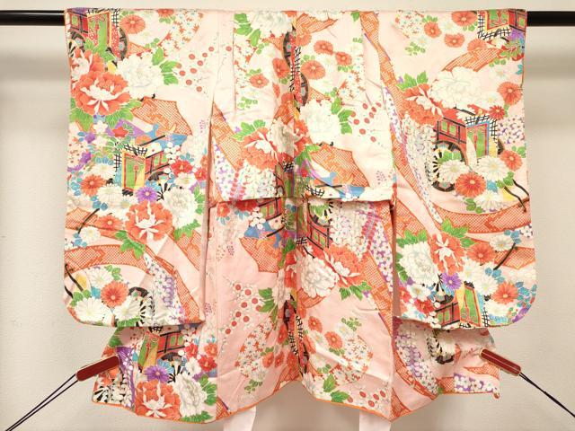 平和屋着物[]七五三 女の子 ３歳 祝着 三つ身 長襦袢(無双仕立て・半衿刺繍)セット 御所車花文 金彩 逸品 DABC5416ma