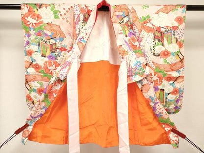 平和屋着物[]七五三　女の子　３歳　祝着　三つ身　長襦袢(無双仕立て・半衿刺繍)セット　御所車花文　金彩　逸品　DABC5416ma