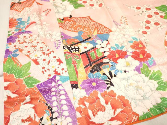 平和屋着物[]七五三 女の子 ３歳 祝着 三つ身 長襦袢(無双仕立て・半衿刺繍)セット 御所車花文 金彩 逸品 DABC5416ma
