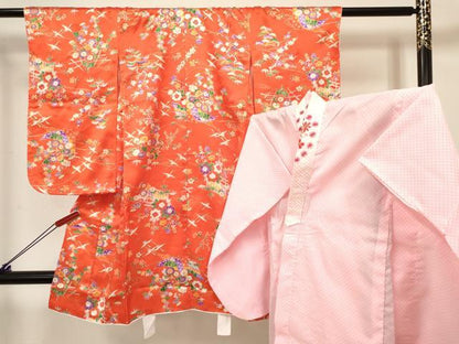 平和屋着物[]七五三　女の子　３歳　祝着　三つ身　長襦袢(単衣・半衿刺繍)セット　几帳飛鶴風景花文　金彩　逸品　DABC5417ma