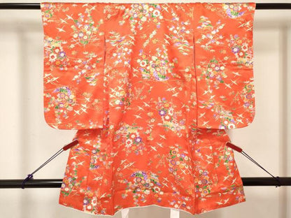 平和屋着物[]七五三　女の子　３歳　祝着　三つ身　長襦袢(単衣・半衿刺繍)セット　几帳飛鶴風景花文　金彩　逸品　DABC5417ma