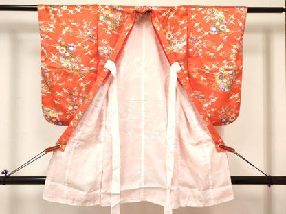 平和屋着物[]七五三　女の子　３歳　祝着　三つ身　長襦袢(単衣・半衿刺繍)セット　几帳飛鶴風景花文　金彩　逸品　DABC5417ma