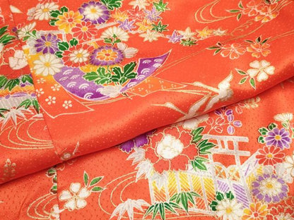 平和屋着物[]七五三 女の子 ３歳 祝着 三つ身 長襦袢(単衣・半衿刺繍)セット 几帳飛鶴風景花文 金彩 逸品 DABC5417ma