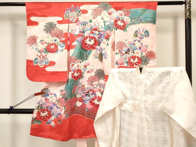 平和屋着物[]七五三　女の子　３歳　祝着　三つ身　長襦袢(袷)セット　鞠花文　金銀彩　逸品　DABC5418ma