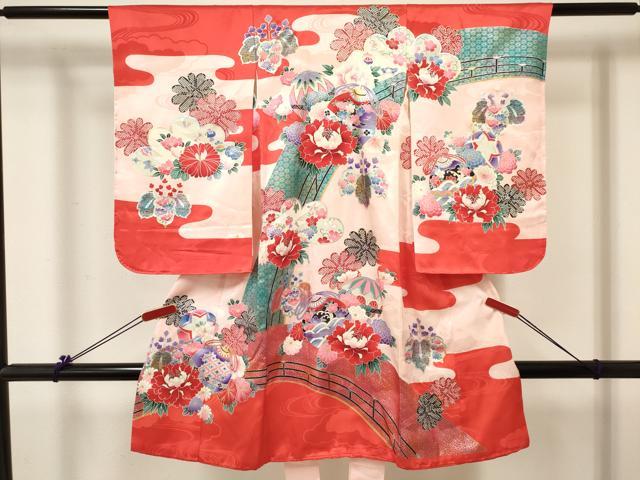 平和屋着物[]七五三　女の子　３歳　祝着　三つ身　長襦袢(袷)セット　鞠花文　金銀彩　逸品　DABC5418ma