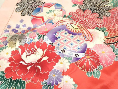 平和屋着物[]七五三　女の子　３歳　祝着　三つ身　長襦袢(袷)セット　鞠花文　金銀彩　逸品　DABC5418ma