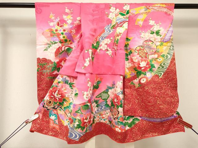 平和屋着物[]女の子 子供 ３歳 祝着 三つ身 鴛鴦 束ね熨斗花車文 暈し染め 金彩 逸品 DABC5425ma