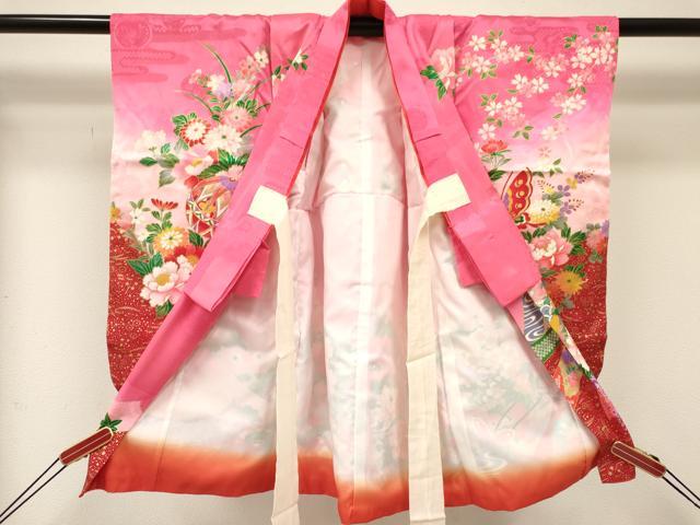 平和屋着物[]女の子 子供 ３歳 祝着 三つ身 鴛鴦 束ね熨斗花車文 暈し染め 金彩 逸品 DABC5425ma