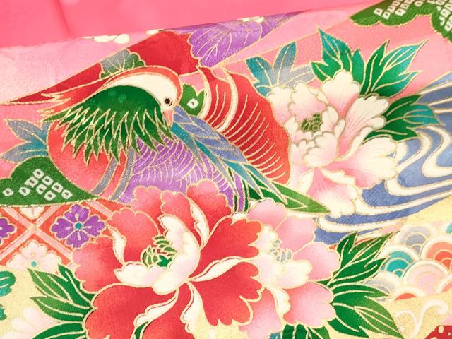 平和屋着物[]女の子　子供　３歳　祝着　三つ身　鴛鴦　束ね熨斗花車文　暈し染め　金彩　逸品　DABC5425ma