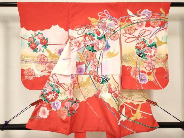 平和屋着物[]女の子　子供　３歳　祝着　三つ身　飛鶴鈴花文　暈し染め　金銀彩　逸品　DABC5426ma
